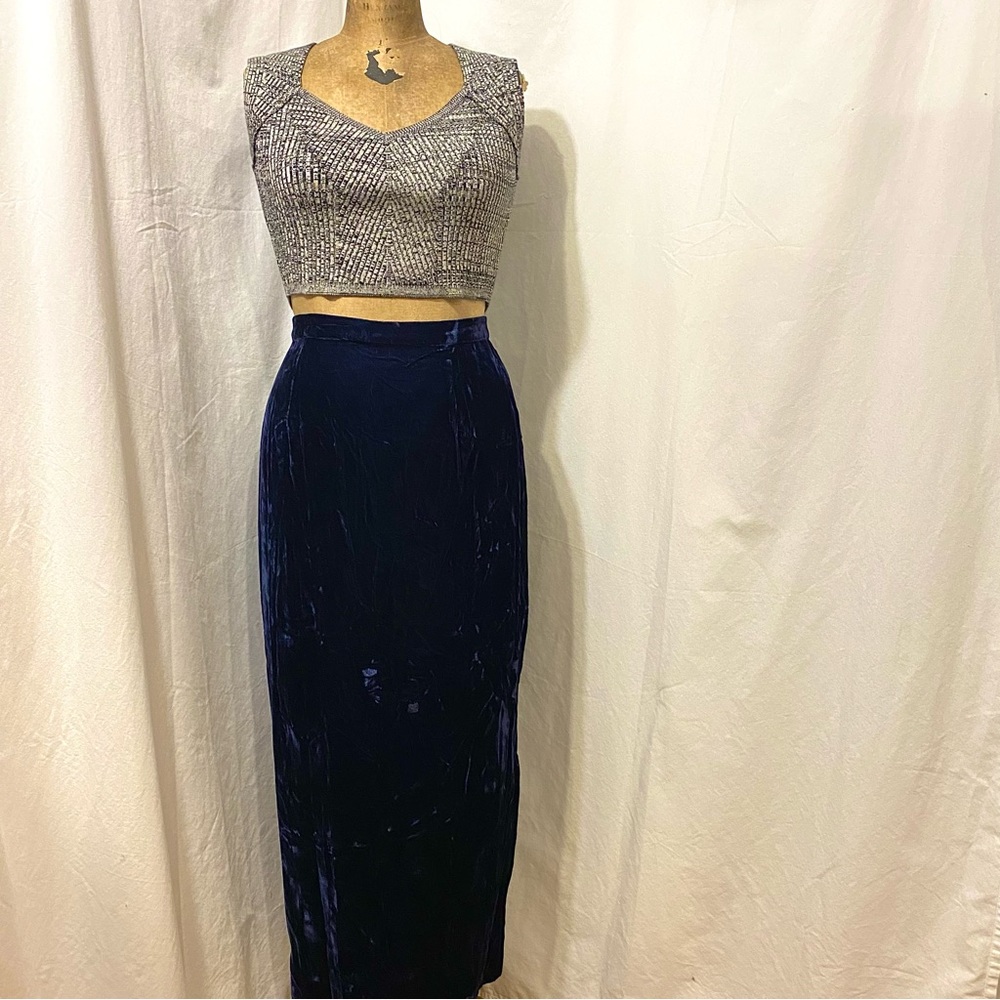 Vintage | Jessica McClintock Blue Velvet Midi Skirt, 14